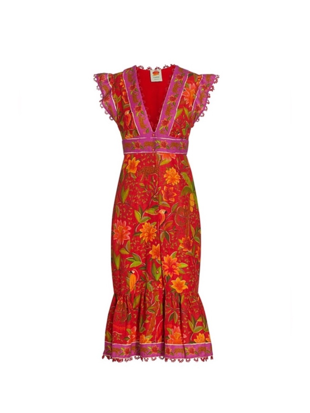 FARM Rio Solar Forest Midi Dress Red Orange Dress with Pink Trim